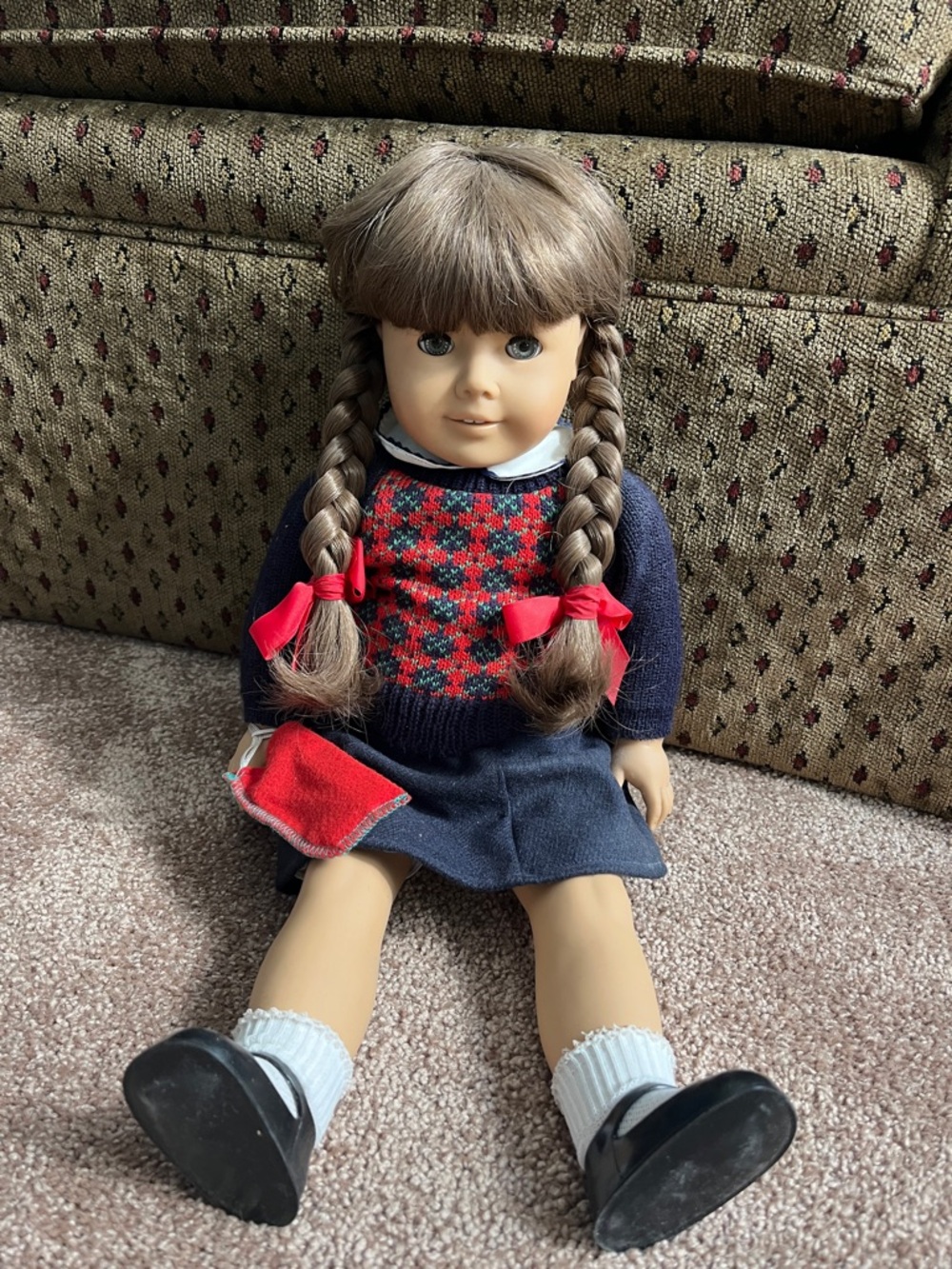 American Girl Doll in Navy Dress with Red Accents